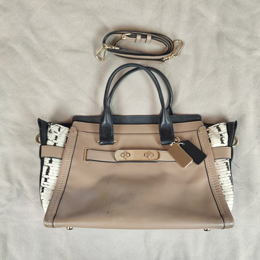 Coach Swagger 27 Satchel Handbag Beige Black Leather Snake Embossed Shoulder Bag - Picture 2 of 13